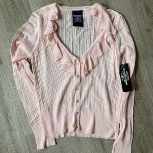Vintage Polo Jeans Co. Ralph Lauren Pink Ruffle Pointelle Cardigan NWT L